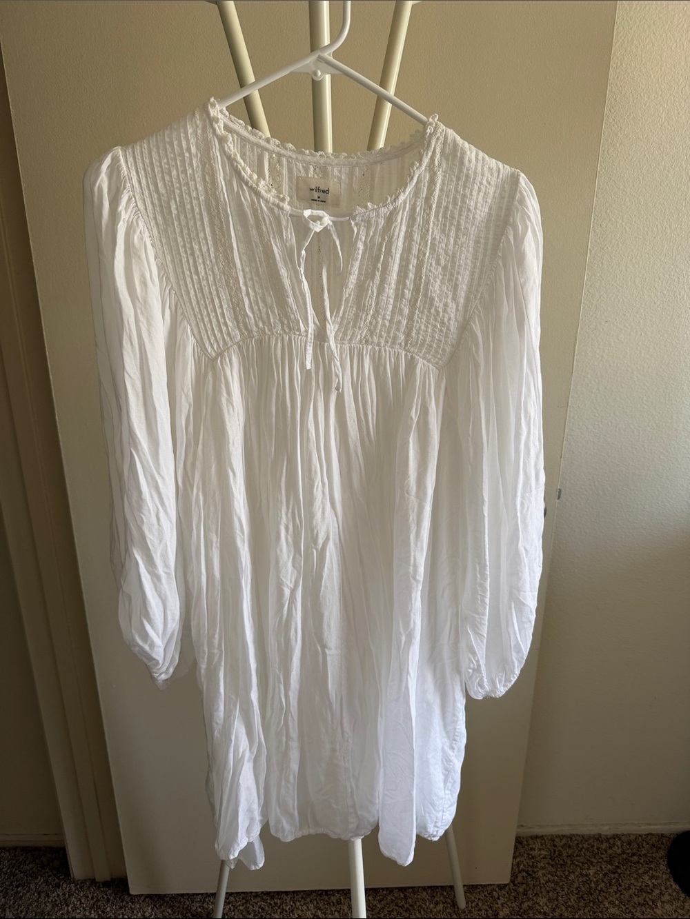 Aritzia White Long-Sleeve Pintuck Peasant Dress